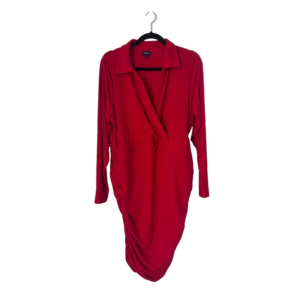 Torrid Mini Jersey Long Sleeve Collar Surplice Dress Size 2X Red V-Neck Ruched